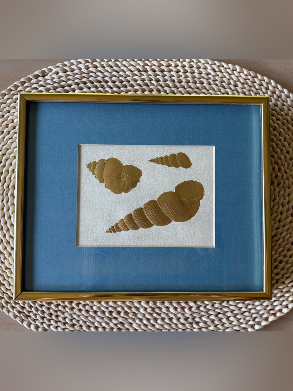 Gold Seashell Print in Blue Mat with Gold Frame